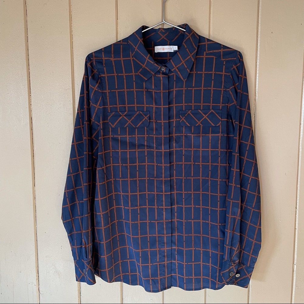 Tory Burch Silk Button Down Navy Blue Rust Belt Pattern Size 12